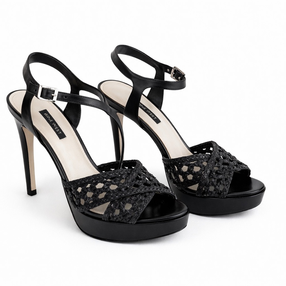 Nine West Black Strappy Peep Toe Heels | 7.5